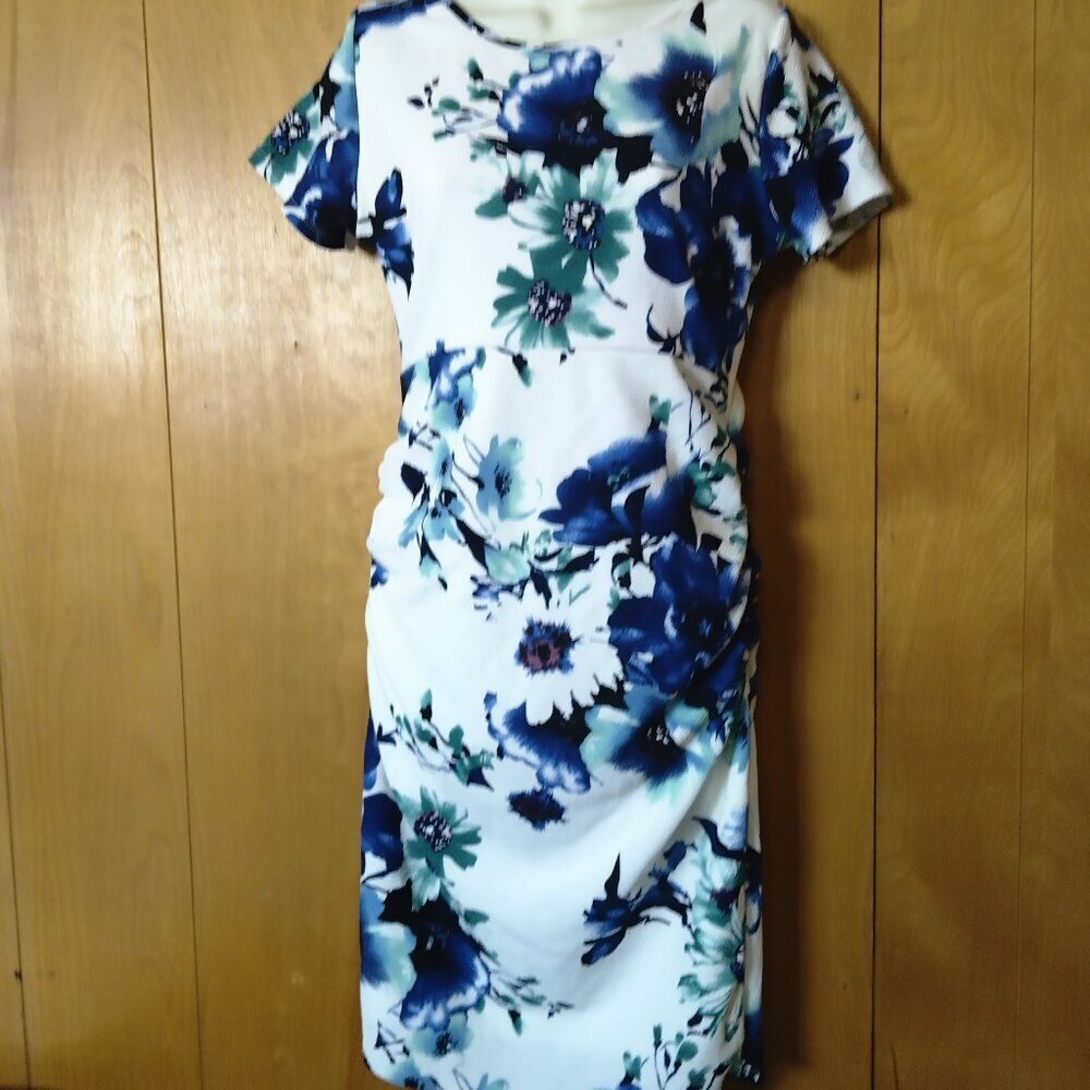 Vintage Pink Blush Floral Short Sleeve Ruched Dress Size Medium Made In USA
